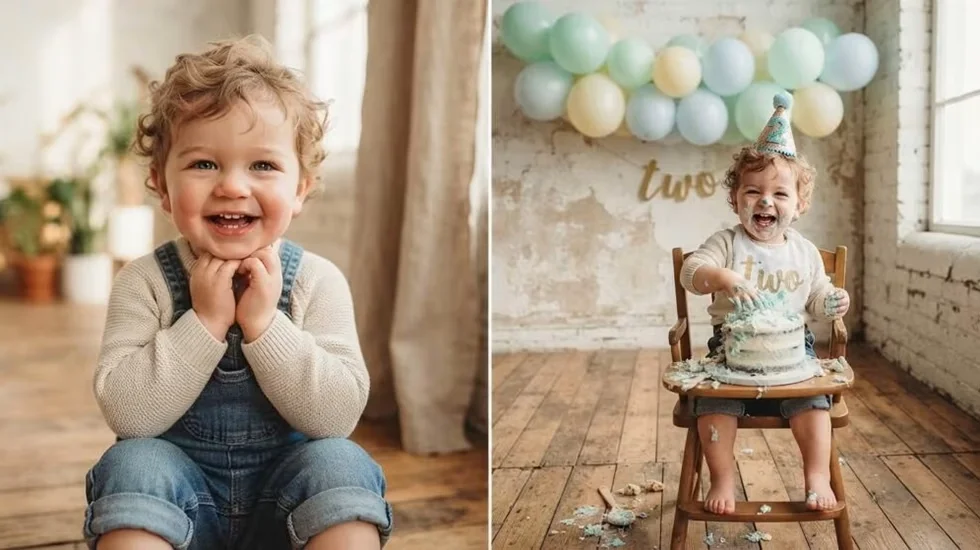 Kleinkind beim Cake-Smash mit Geburtstagskuchen
