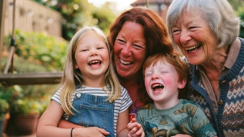 Großmutter, Mutter und Kinder lachen gemeinsam