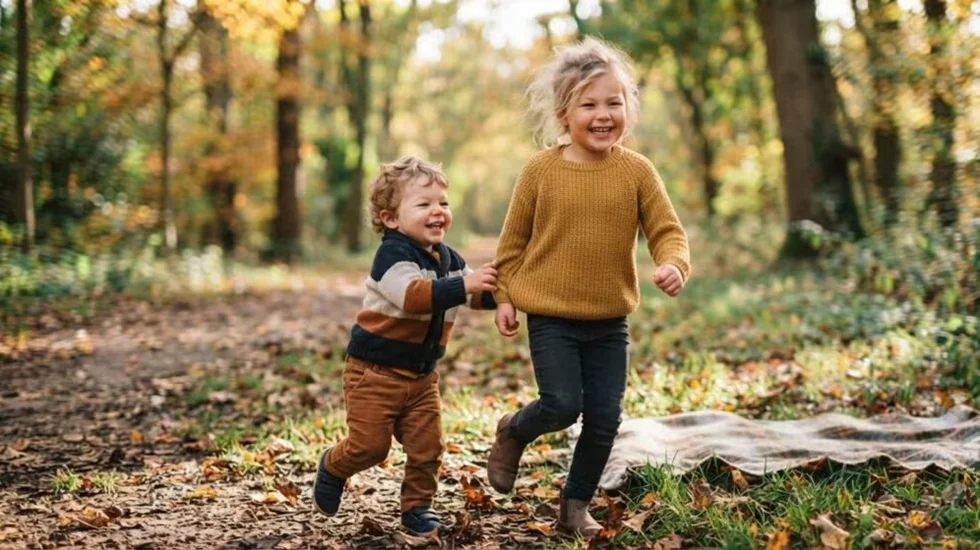 Kleines Kind läuft lachend durch den Herbstwald