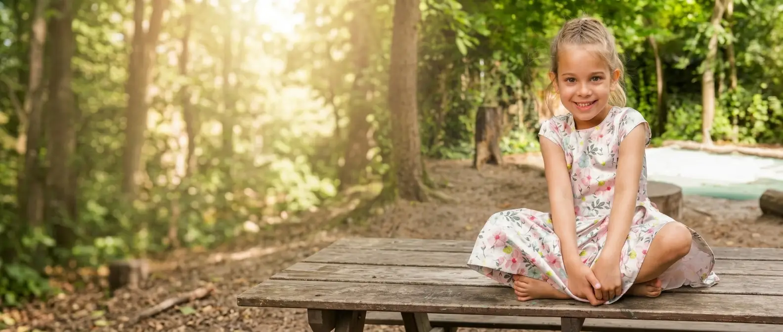 Lachendes Mädchen sitzt im Sommerkleid auf einem Holzsteg im Wald